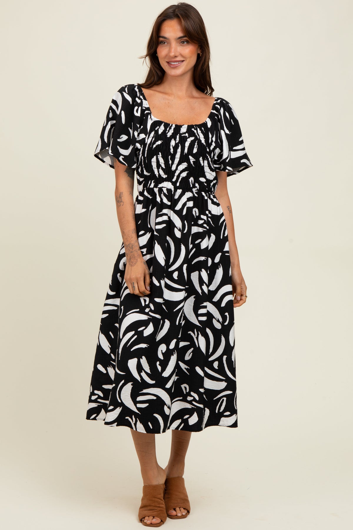 Black Printed Smocked Maternity Midi Dress