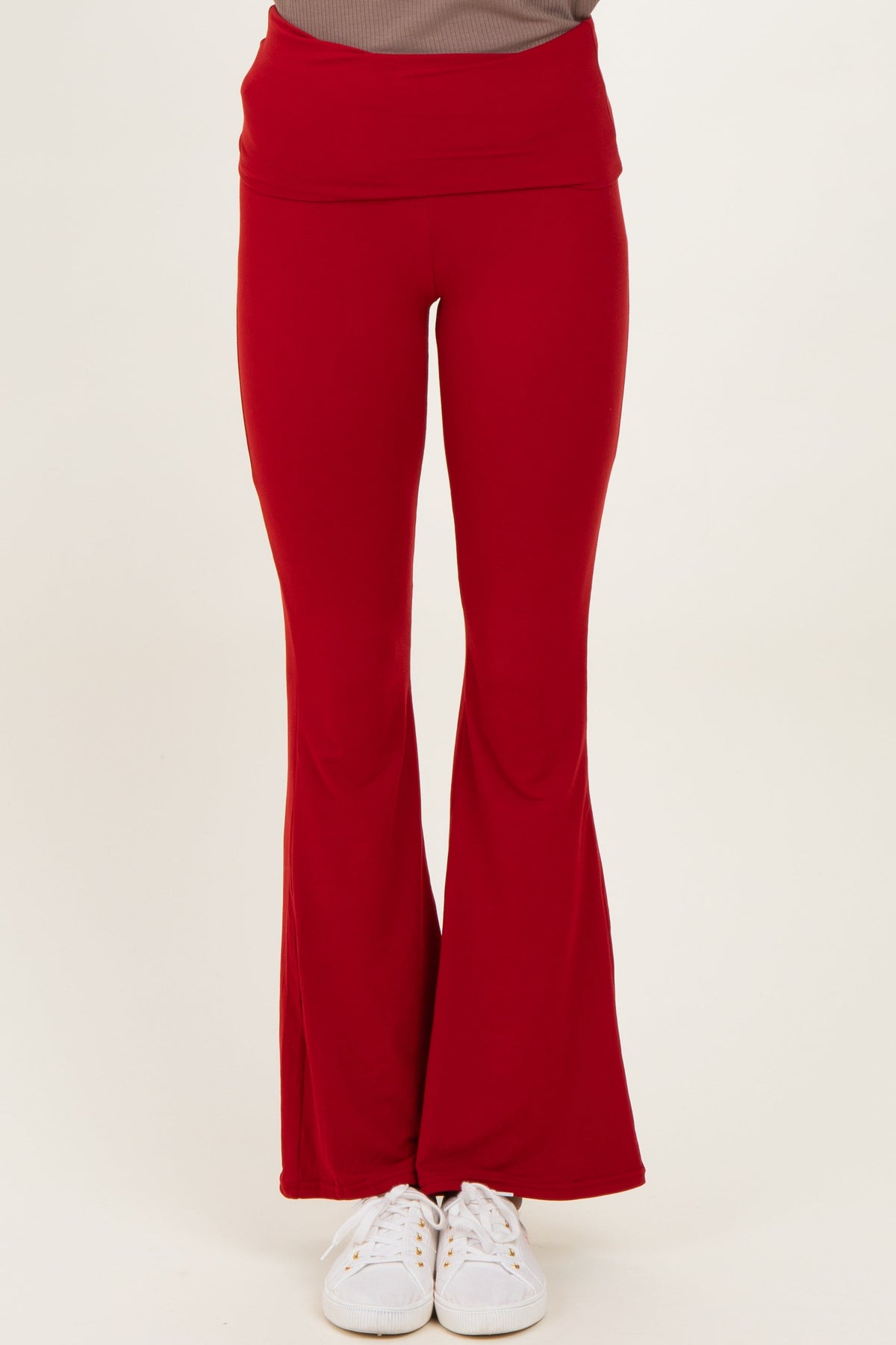 Red Fold Over Waistband Maternity Flared Pants