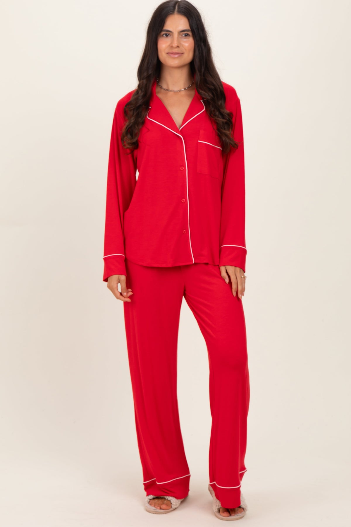 Red Button Down Top Wide Leg Pant Maternity Pajama Set