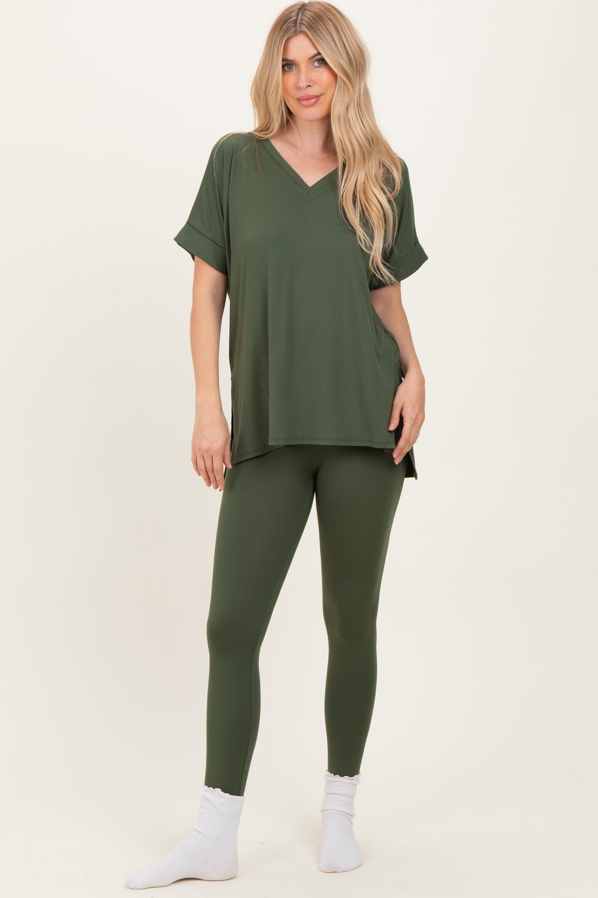 Olive Oversized V-Neck Tee Legging Maternity Lounge Set