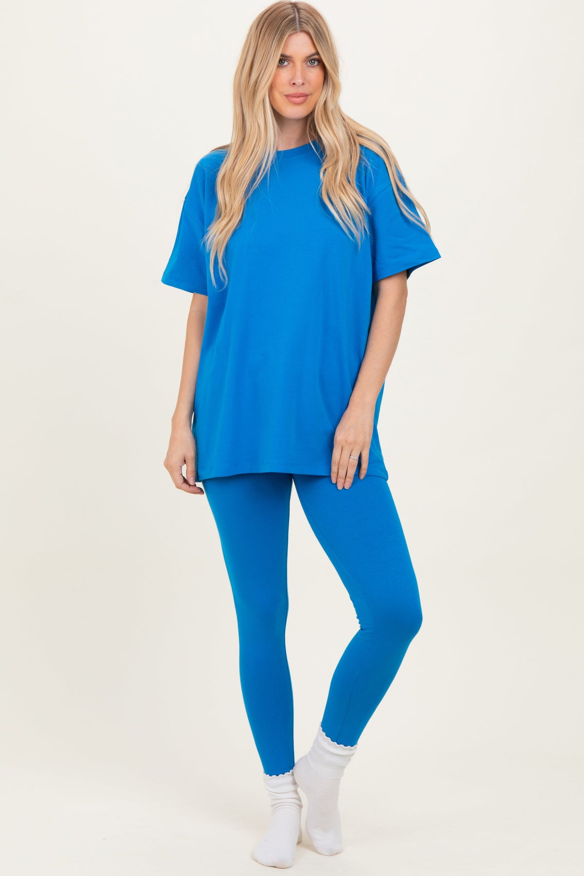 Ocean Blue Oversized Crewneck Short Sleeve and Legging Maternity Set