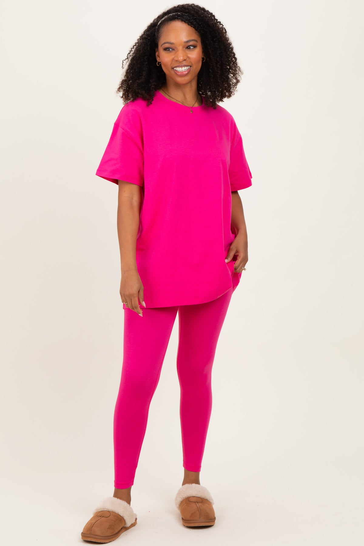 Hot Pink Oversized Crewneck Short Sleeve and Legging Maternity Set