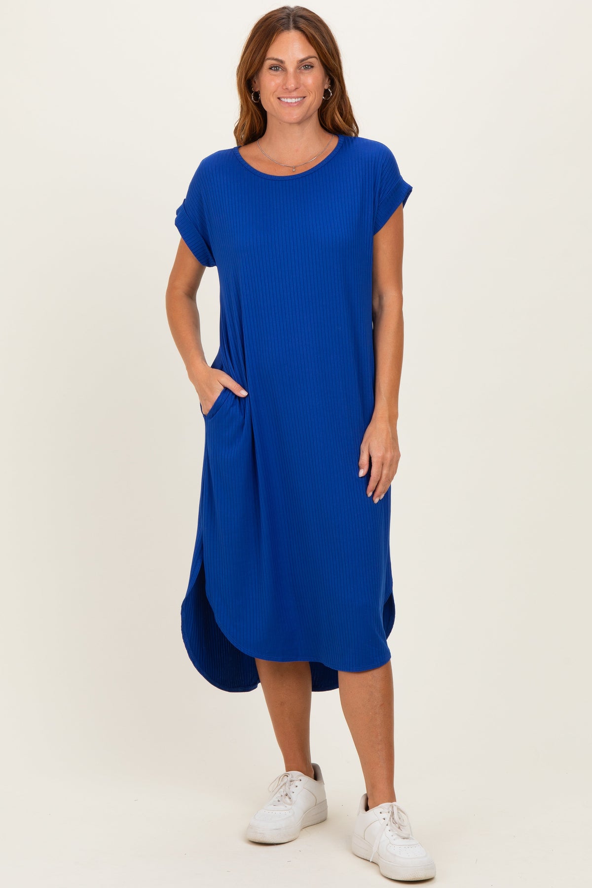 Royal Ribbed Curved Hem Maternity Midi Dress