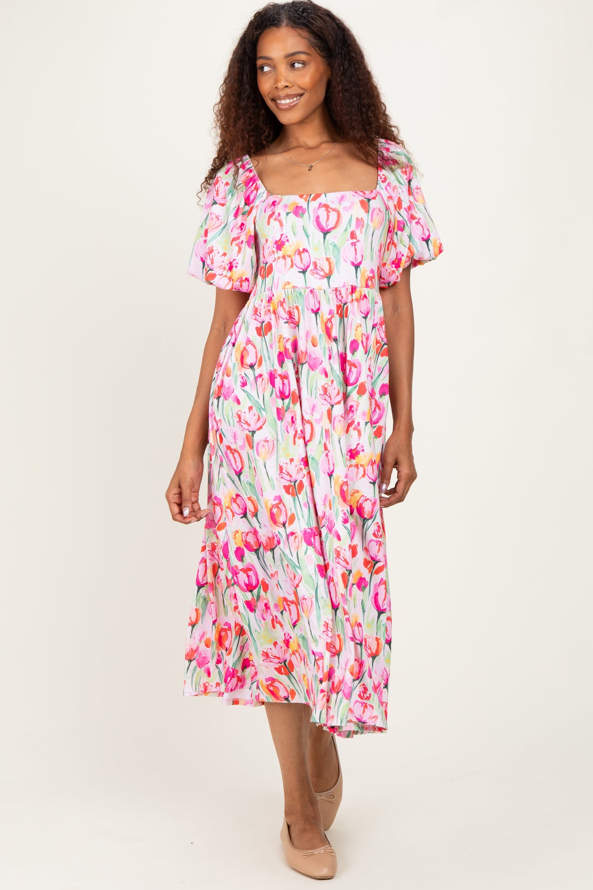 Pink Floral Square Neck Babydoll Maternity Maxi Dress