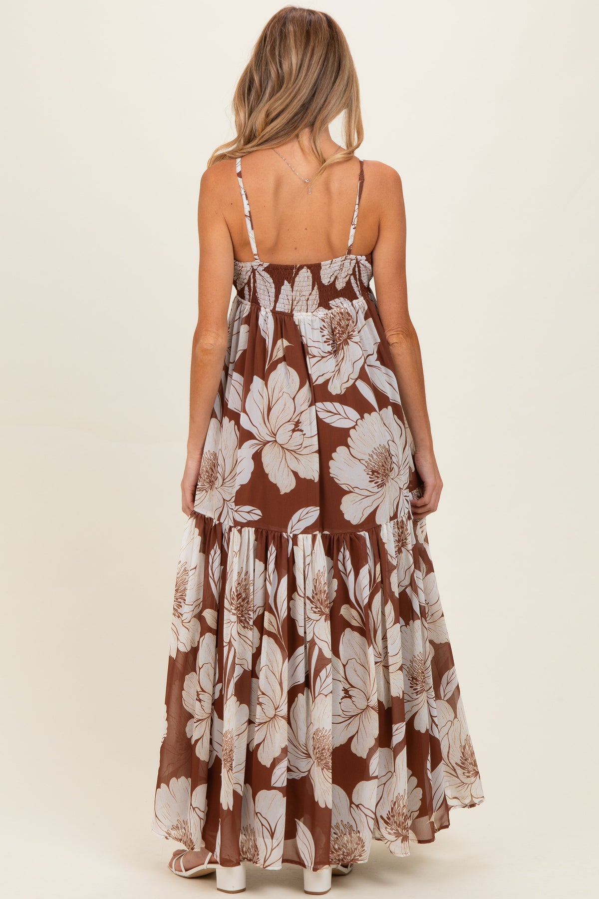 Brown Tropical Floral Maternity Maxi Dress