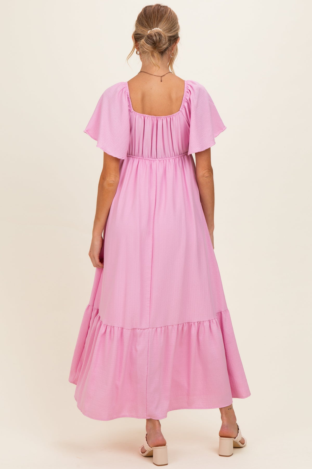 Pink Flutter Sleeve Ruffle Hem Maternity Maxi Dress