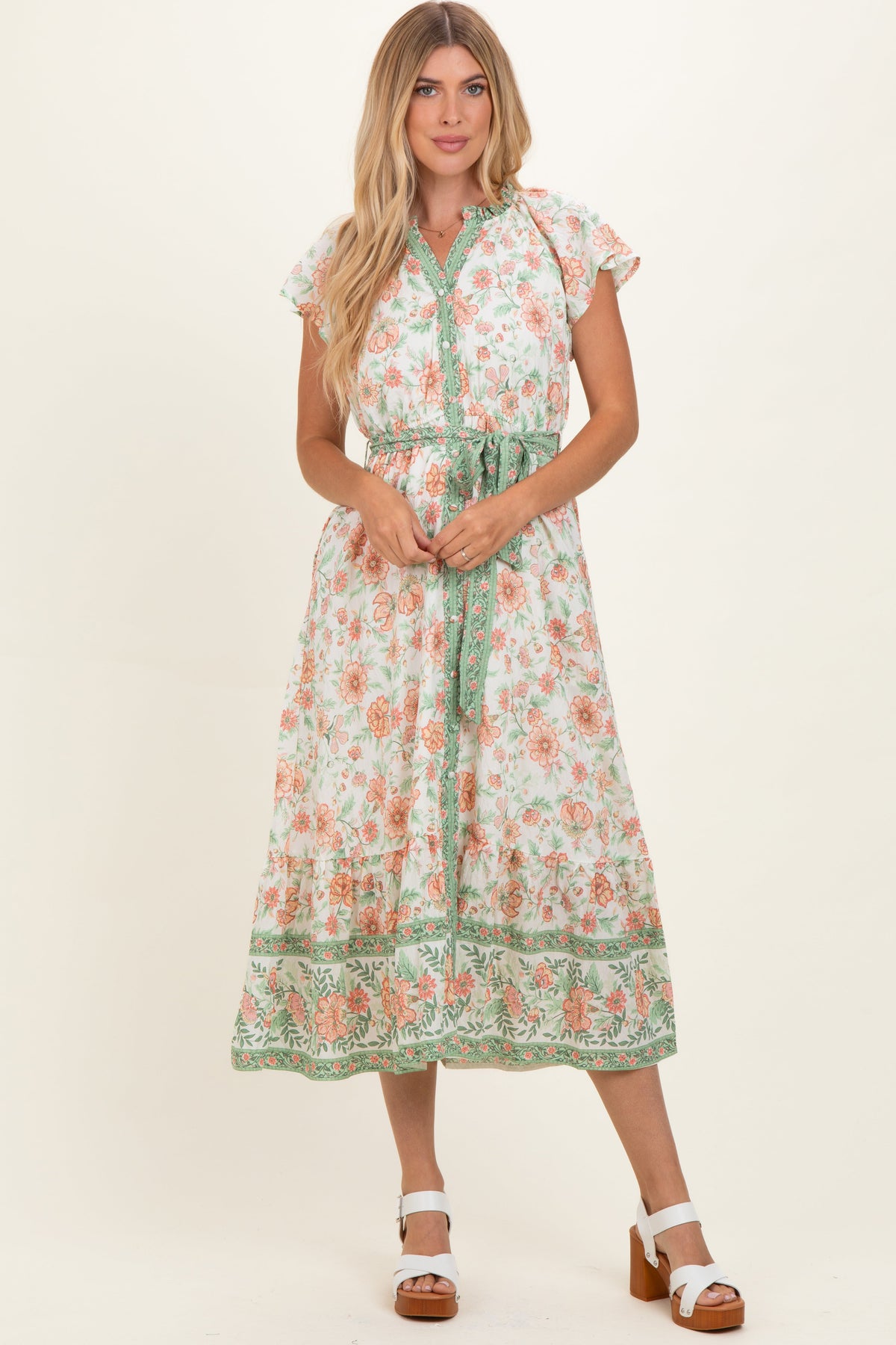 Olive Contrast Floral Maternity Shirt Dress