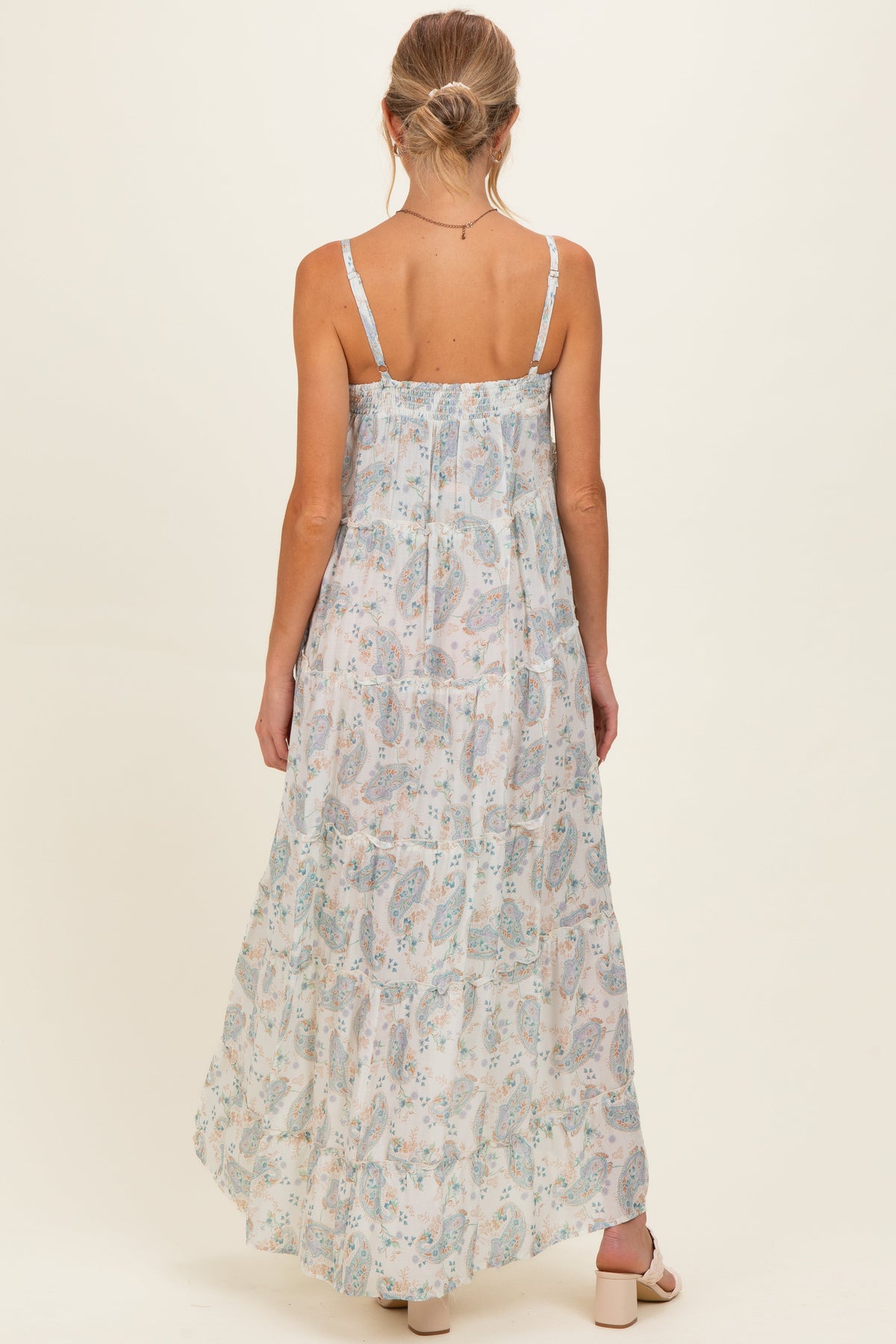 Cream Hi-Lo Spaghetti Strap Paisley Ruffle Maternity Maxi Dress