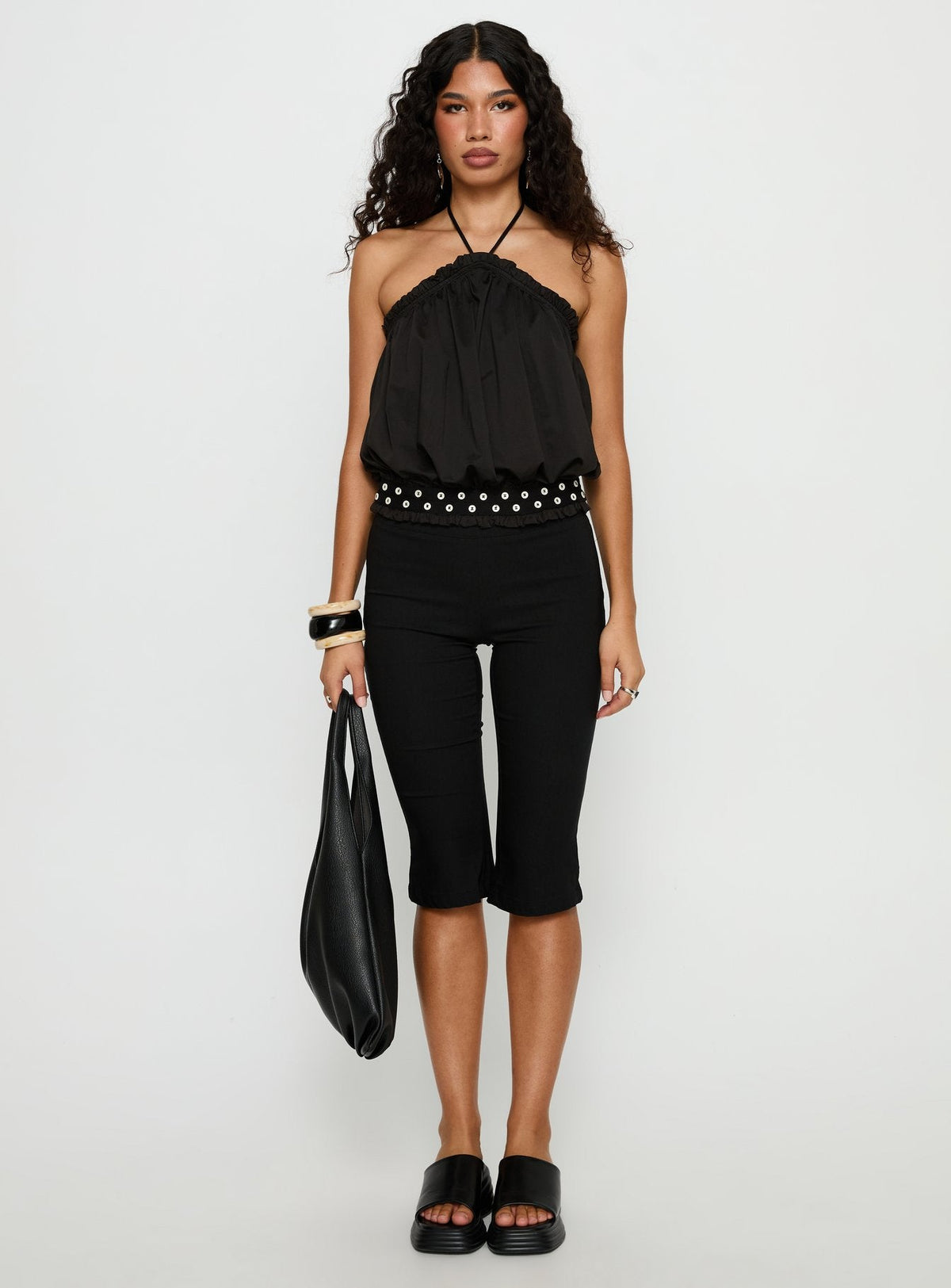 Mikki Tie Neck Button Detail Top Black