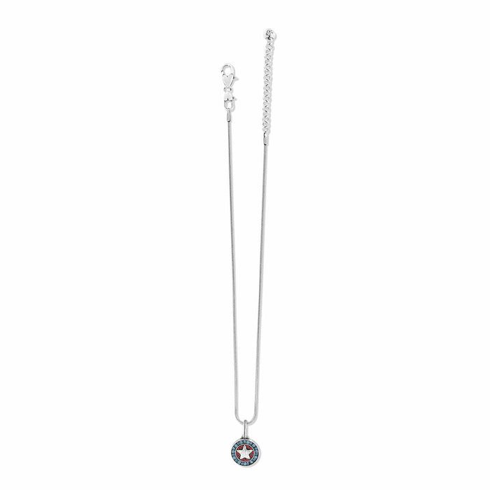 Brighton silver-plated pendant necklace with star medallion featuring blue and red crystal accents on a white background