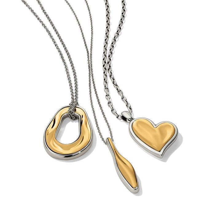 Brighton pendant necklaces in two-tone finish with open teardrop, elongated drop, and heart pendants on a white background