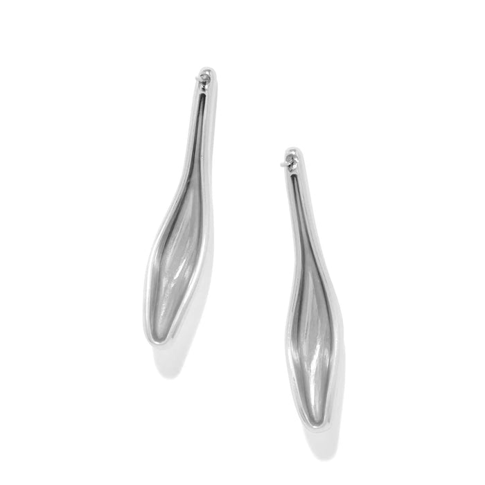 Brighton drop earrings with elongated silver-plated teardrop shapes and grooved center detail on a white background