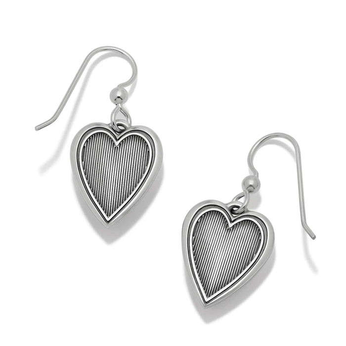 Brighton heart drop earrings with silver-plated finish and ribbed textured heart charms on a white background
