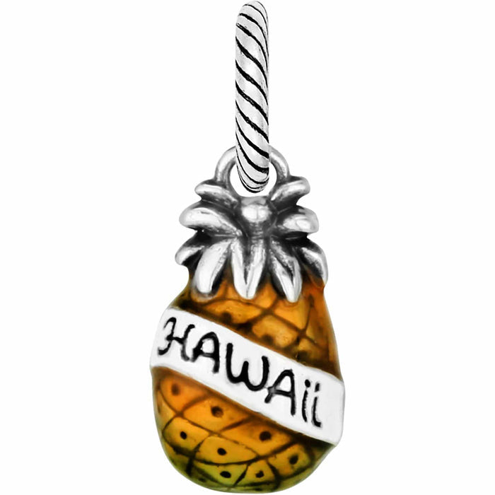 Brighton pineapple charm with orange and green enamel finish and silver-tone Hawaii banner detail on a white background