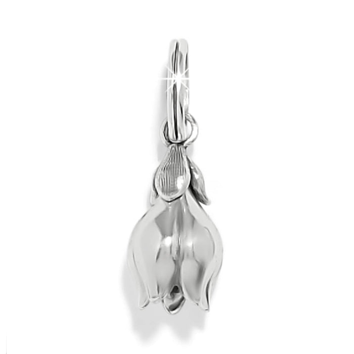Brighton tulip flower charm with silver-plated finish and small leaf accent at the top on a white background