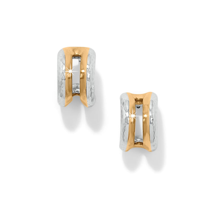 Brighton hoop earrings with two-tone hammered silver and gold finish in open cutout design on a white background