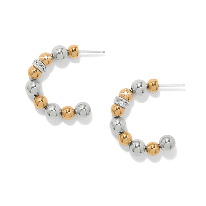 Brighton hoop earrings with alternating silver and gold-tone beads accented by crystal spacer on a white background