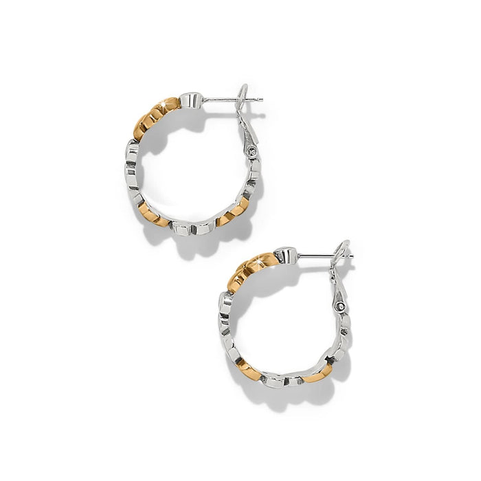 Brighton hoop earrings with two-tone silver and gold textured links and hinged closures on a white background