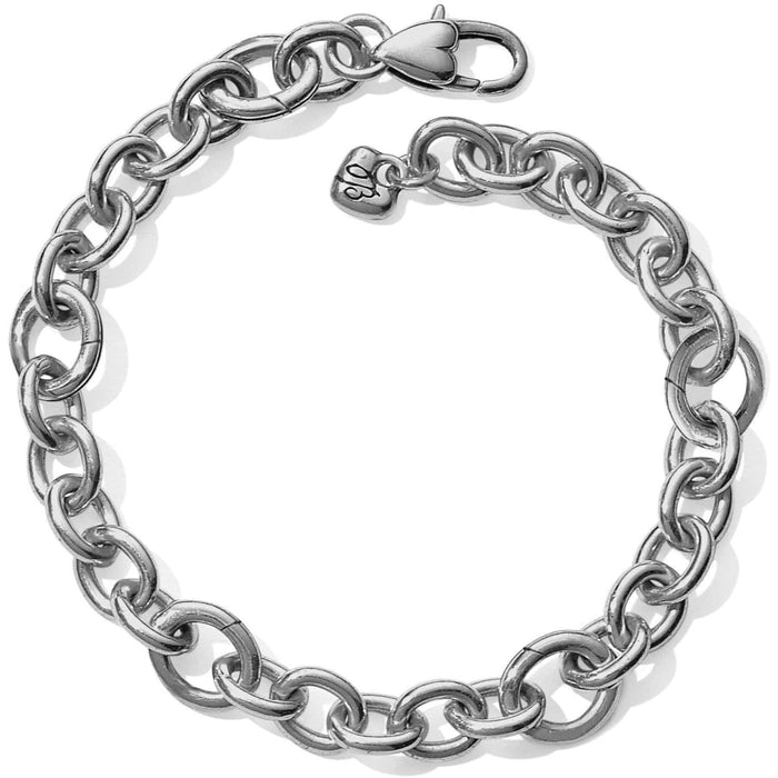 Brighton chain bracelet with silver-tone oval links, lobster clasp, and small heart logo charm on a white background