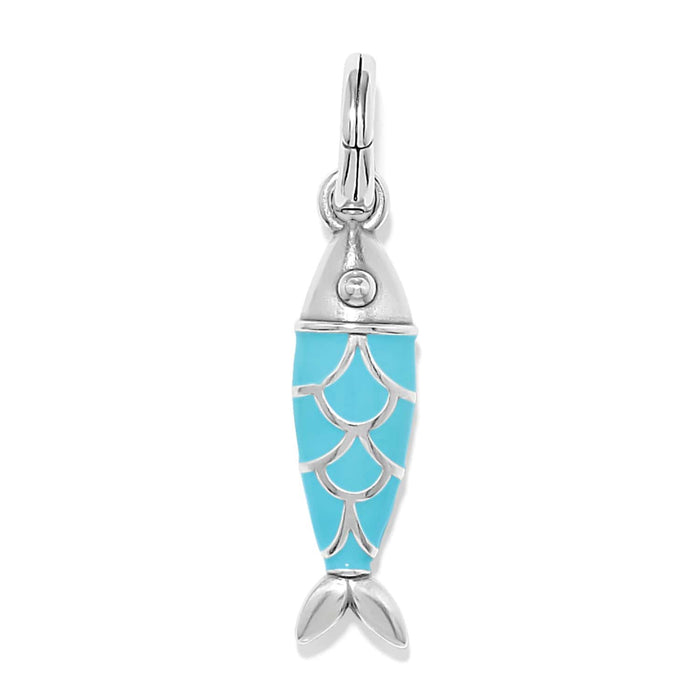 Brighton fish charm with turquoise enamel scales and silver-plated finish on a white background