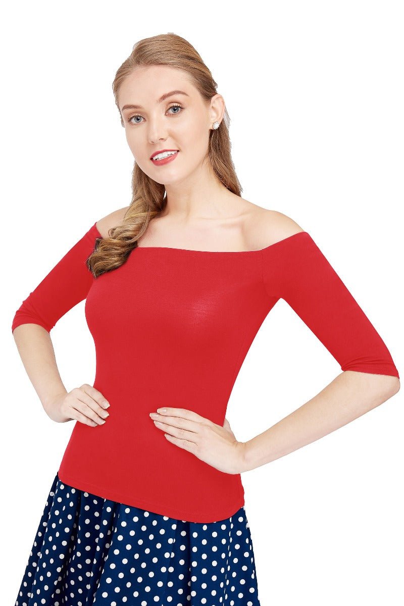 Gloria Off Shoulder Retro Plain Top in Burgundy Red
