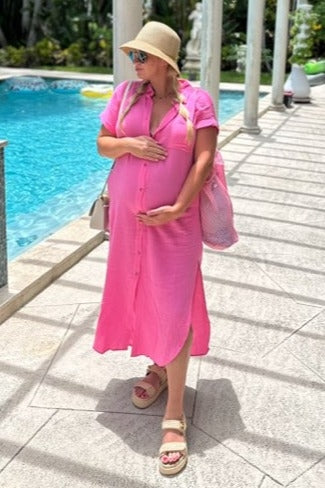 Red Ribbed Short Sleeve Maternity Midi Dress