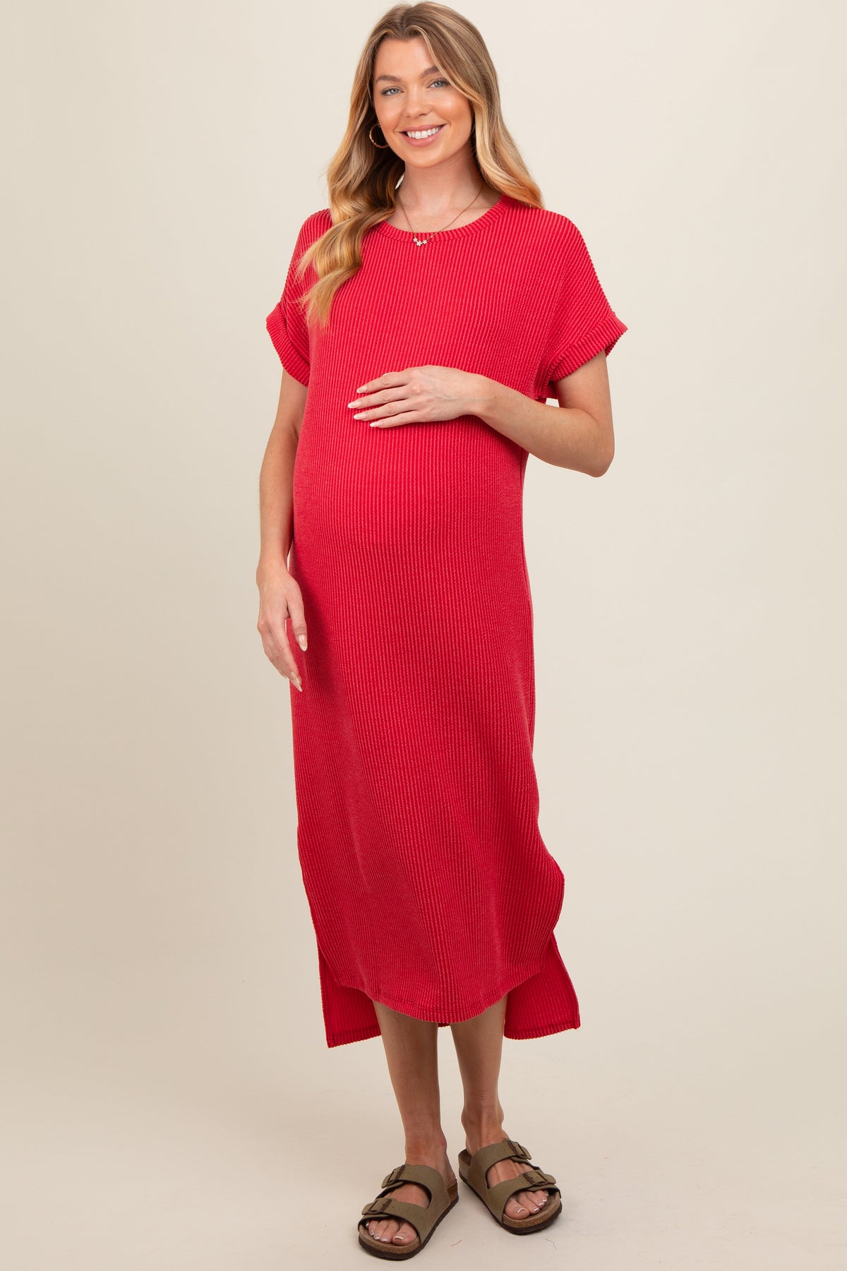 Red Ribbed Short Sleeve Maternity Midi Dress