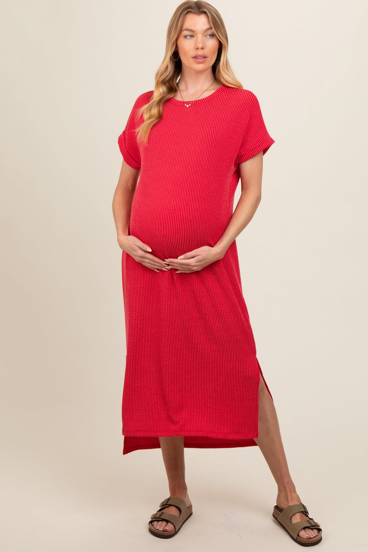 Red Ribbed Short Sleeve Maternity Midi Dress