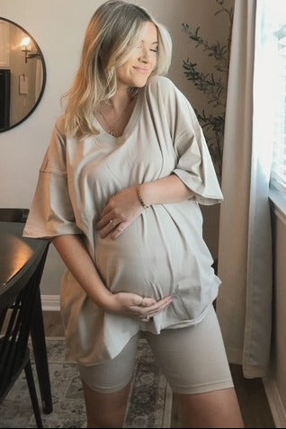 Beige Oversized V-Neck Biker Short Maternity Set