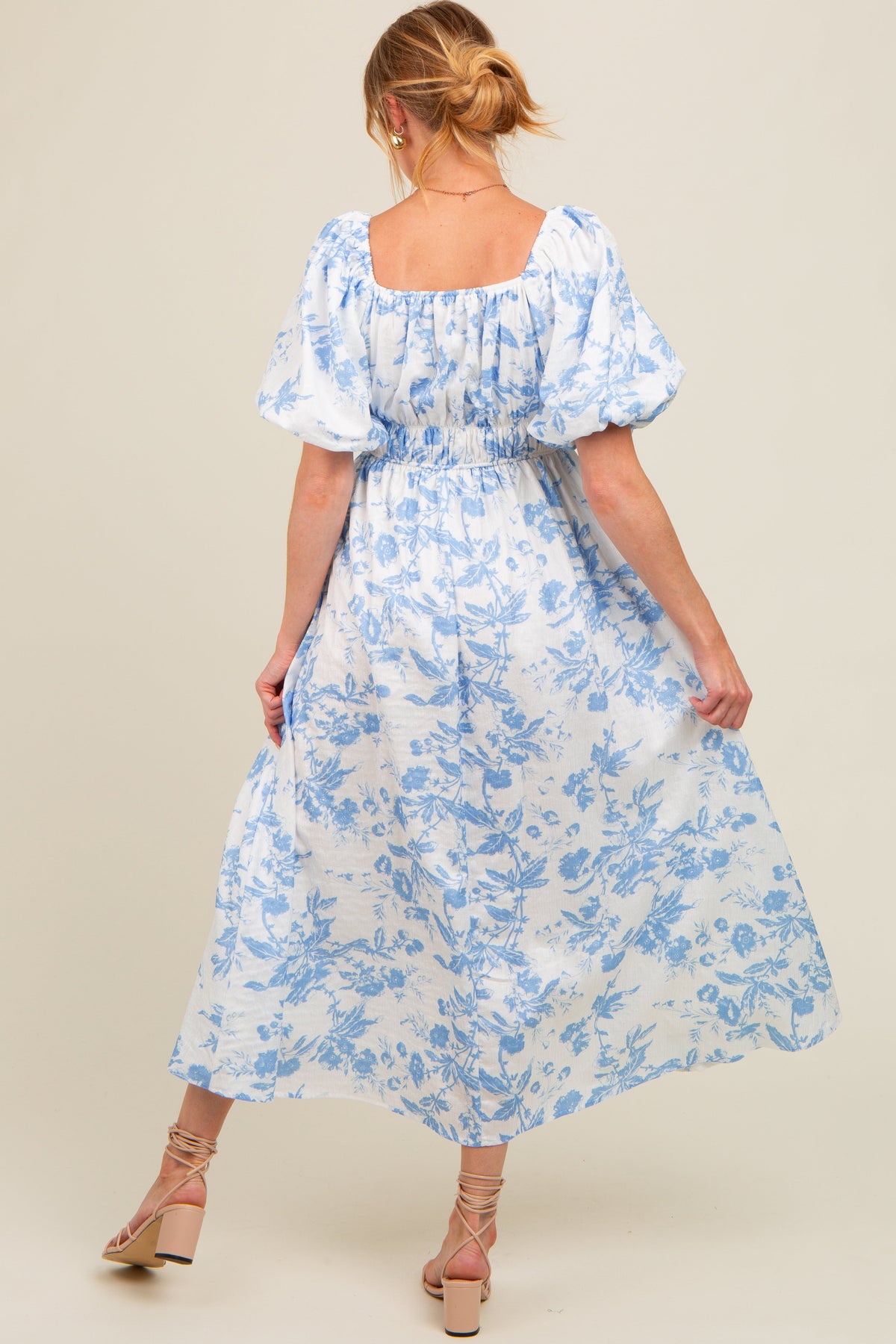 Blue Floral Puff Sleeve Maternity Midi Dress