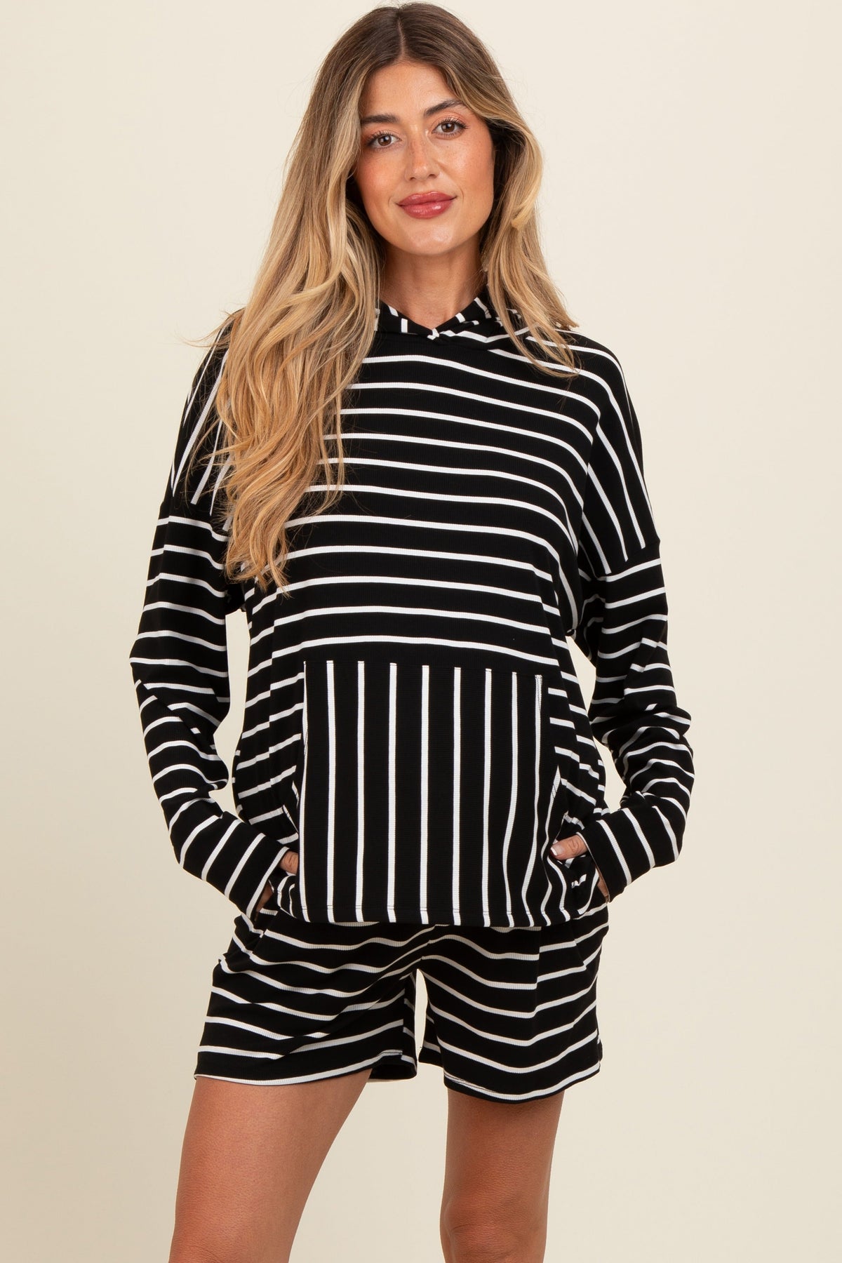 Black Cozy Striped Ribbed Two-Piece Maternity Lounge Set