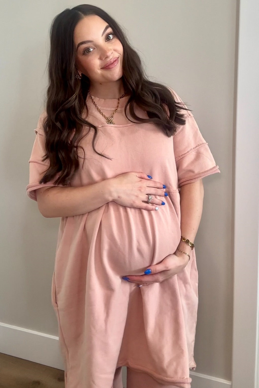 Mauve Raw Hem Maternity Short Sleeve Dress