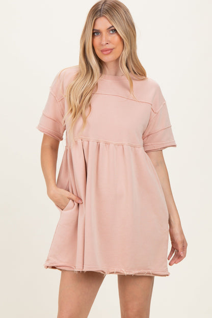 Mauve Raw Hem Maternity Short Sleeve Dress