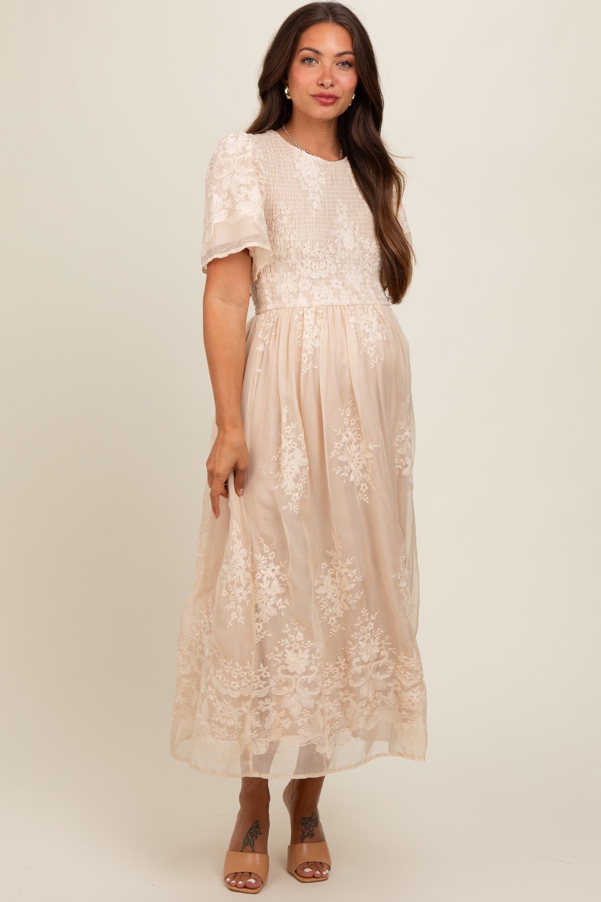 Cream Embroidered Smocked Maternity Midi Dress