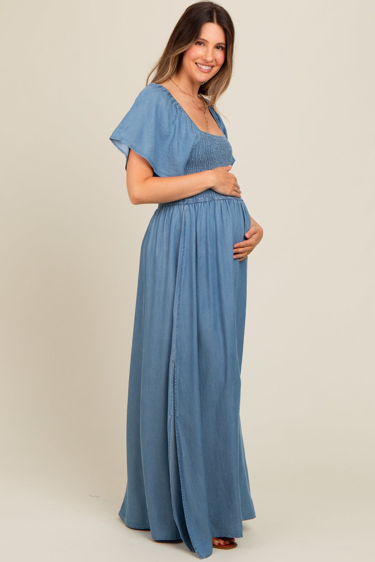 Light Blue Chambray Smocked Maternity Maxi Dress