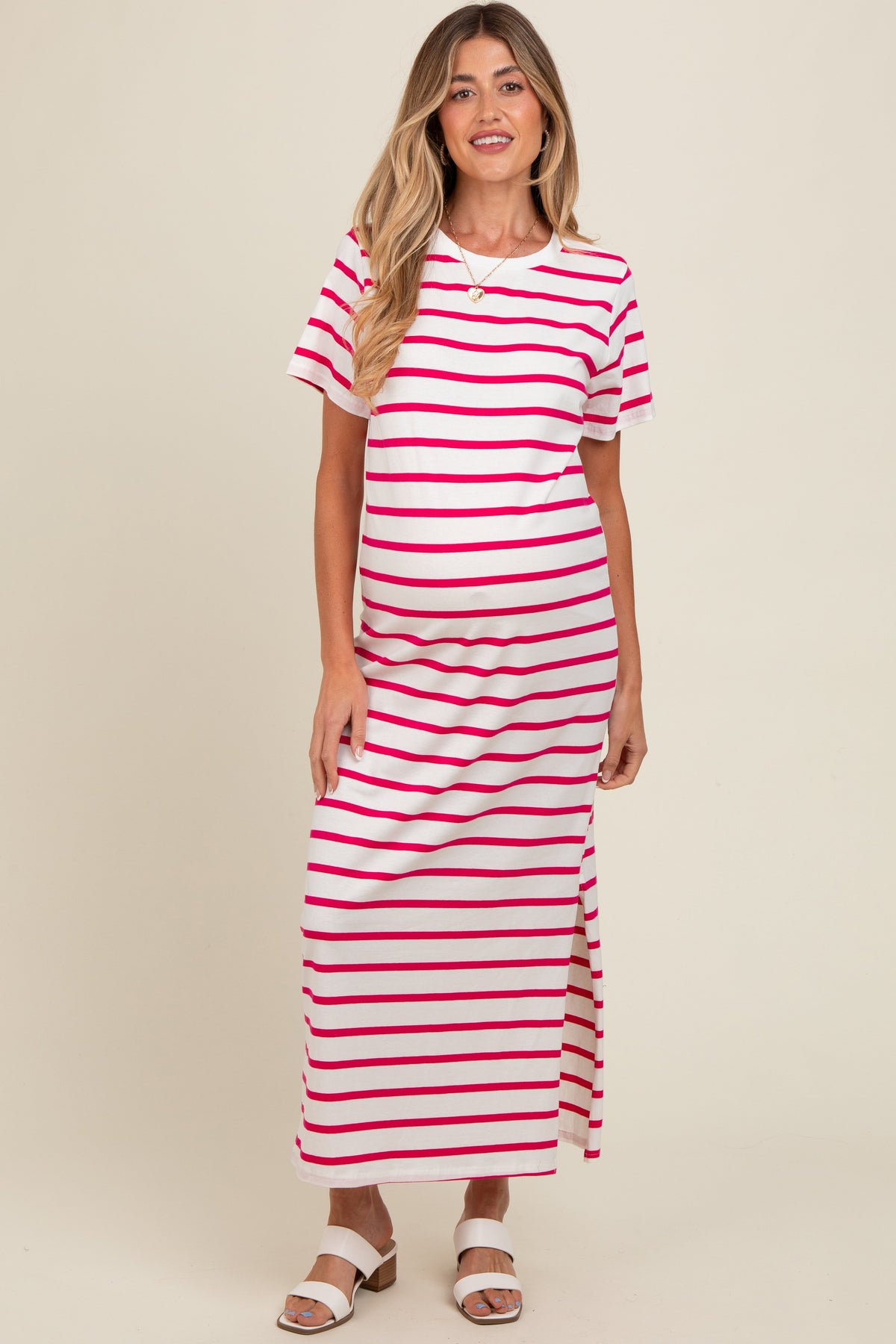 Fuchsia Striped Side Slit Maternity Maxi Dress