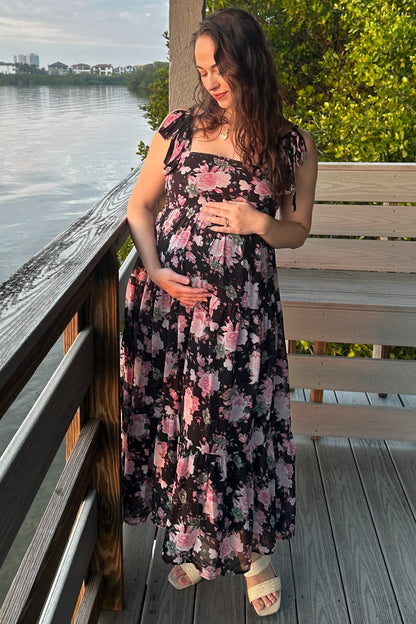 Black Floral Print Tie Strap Maternity Midi Dress