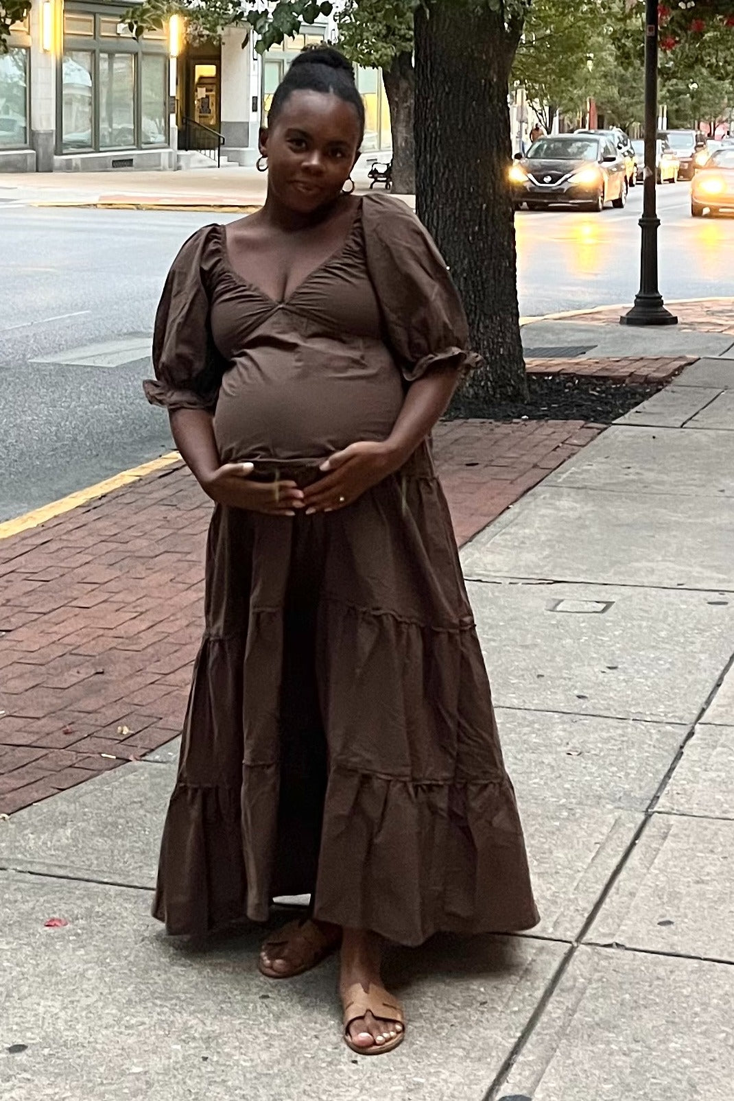 Brown Deep V-Neck Tiered Maternity Maxi Dress