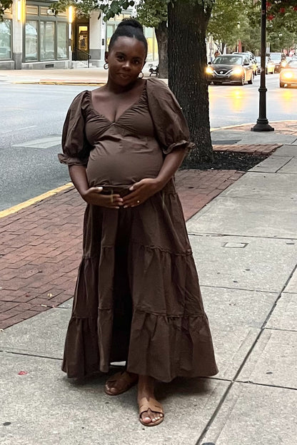 Brown Deep V-Neck Tiered Maternity Maxi Dress