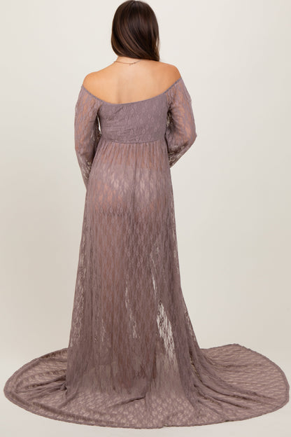 Mocha Lace Off Shoulder Maternity Photoshoot Gown/Dress