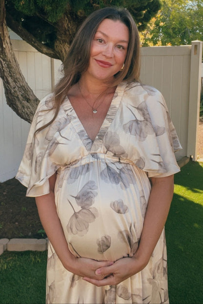 Cream Floral Deep V-Neck Maternity Maxi Dress