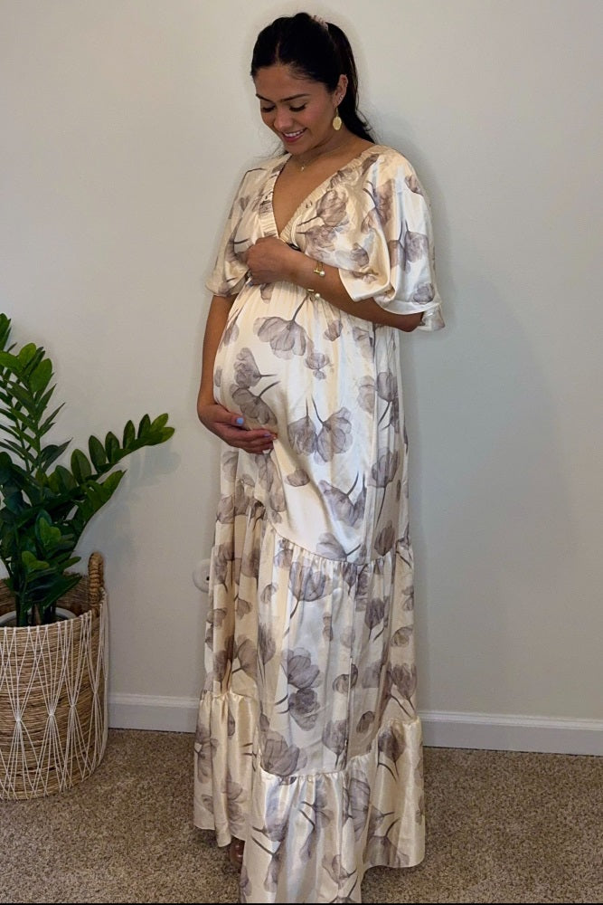 Cream Floral Deep V-Neck Maternity Maxi Dress