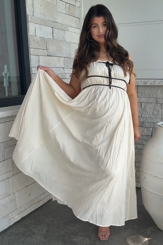 Cream Contrast Ribbon Trim Maternity Maxi Dress