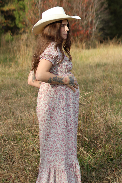 Cream Floral Button Accent Maternity Maxi Dress