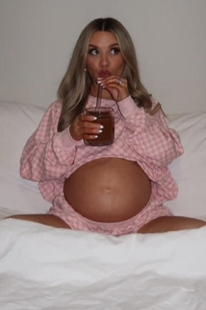 Mauve Checkered Plaid Pullover Shorts Maternity Set