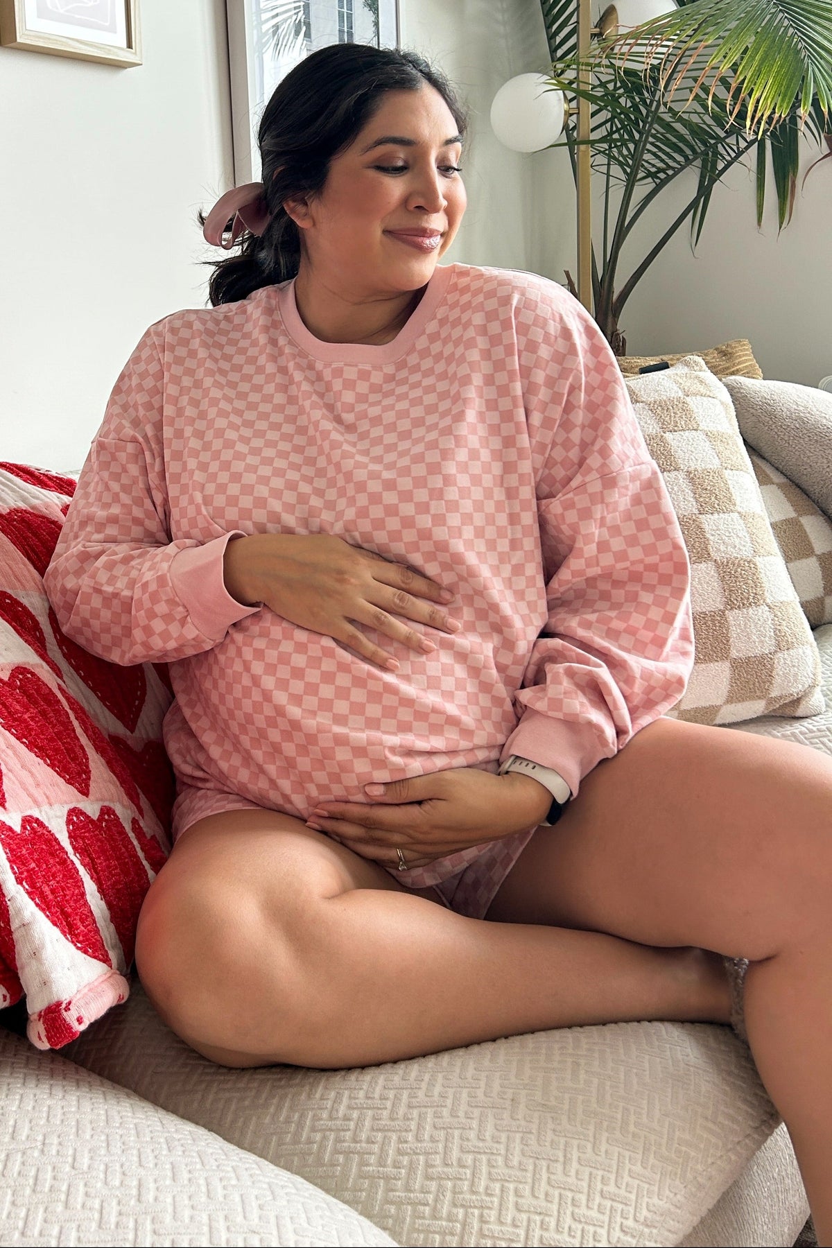 Mauve Checkered Plaid Pullover Shorts Maternity Set
