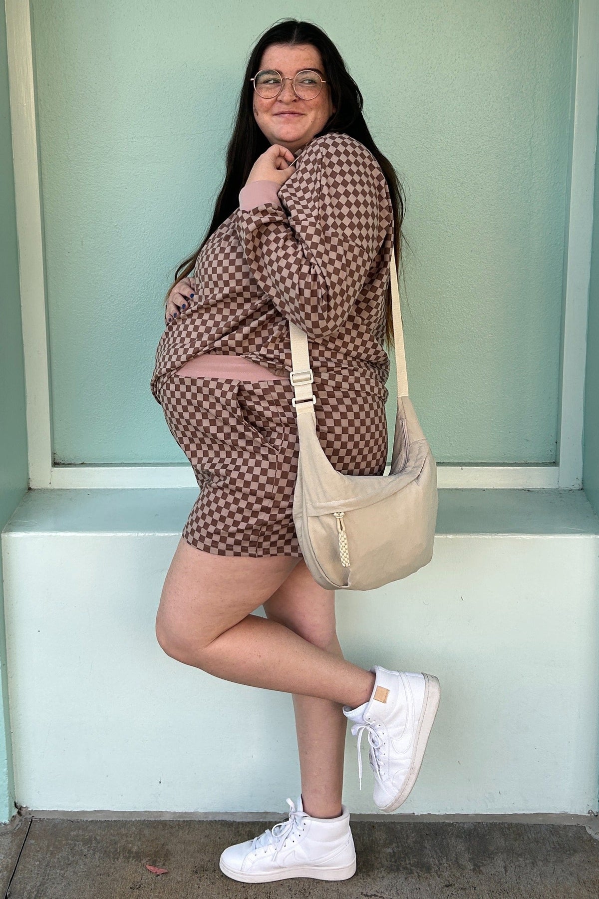 Mocha Checkered Plaid Pullover Shorts Maternity Set