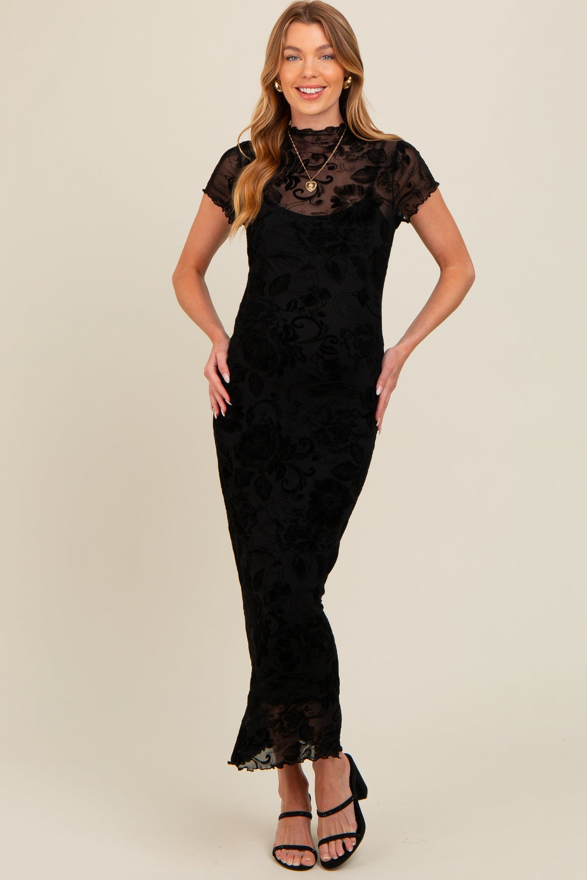 Black Floral Mesh Overlay Fitted Maternity Maxi Dress