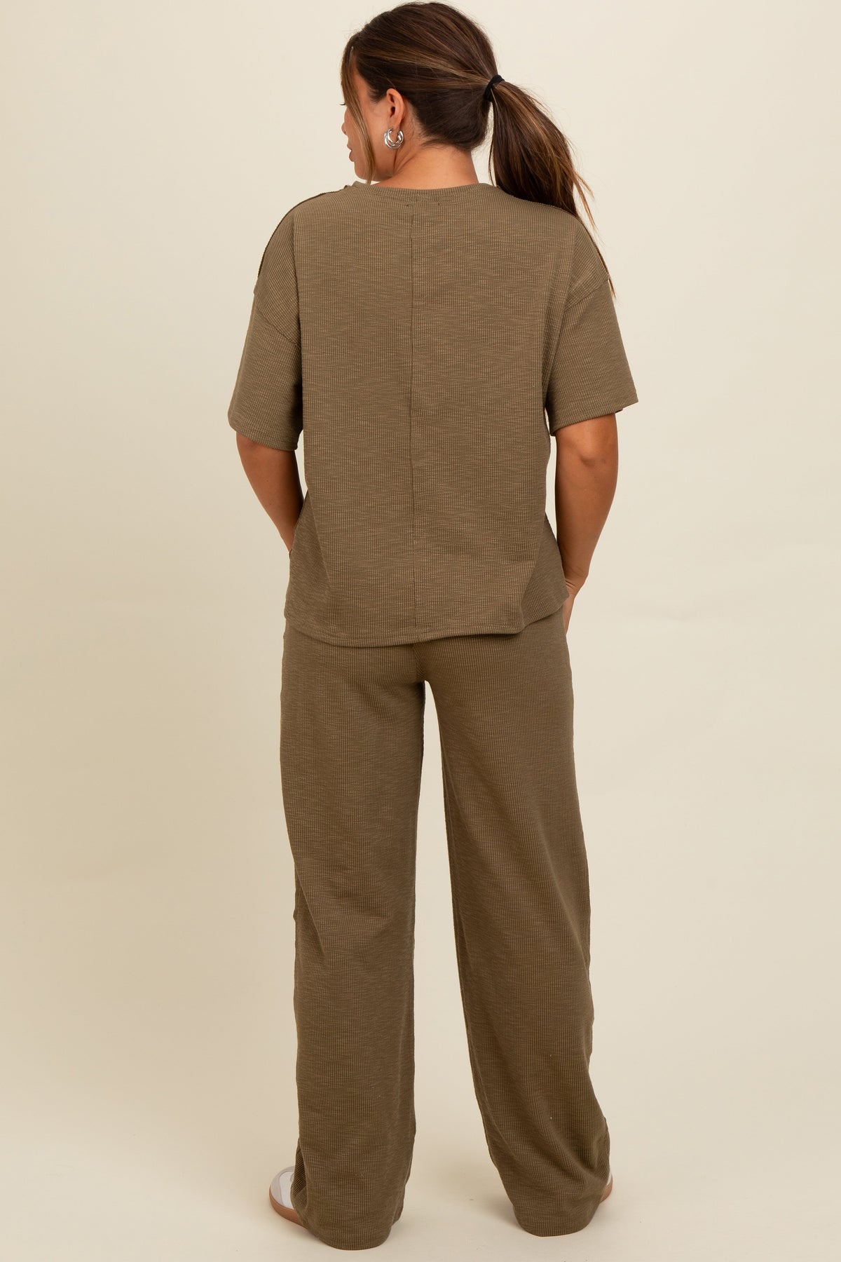 Olive Textured Knit Oversized Tee And Pants Maternity Set