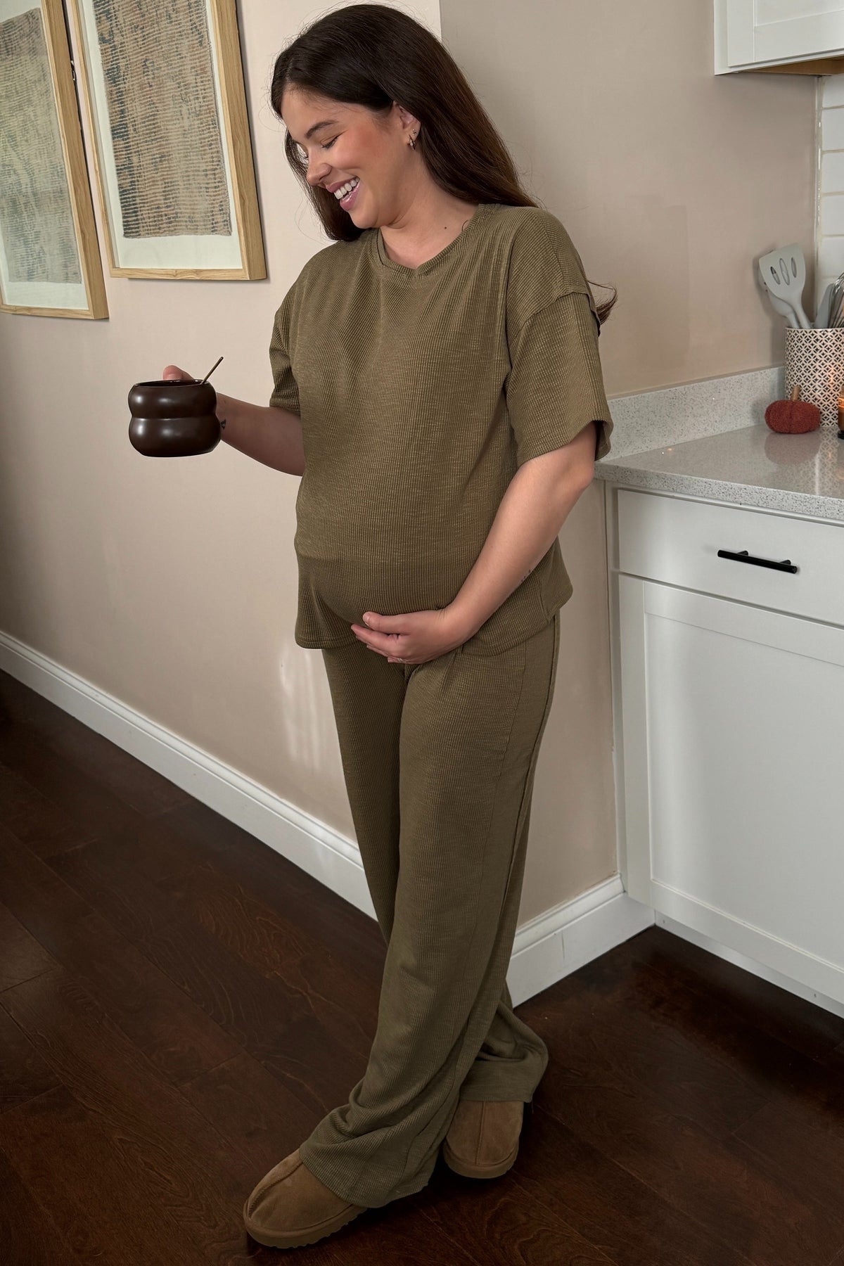 Olive Textured Knit Oversized Tee And Pants Maternity Set